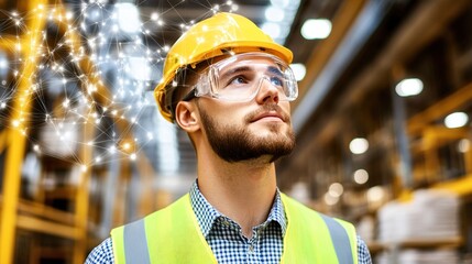A young engineer wearing a yellow hard hat and safety glasses looks up at a glowing network of lines and points above his head, reflecting the future of smart factories and industrial automation.