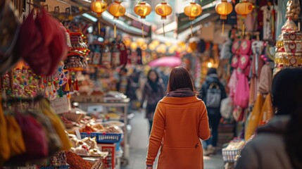 Naklejka premium A vibrant marketplace filled with colorful lanterns, bustling shoppers, and unique items to explore. Discover the charm of local culture.