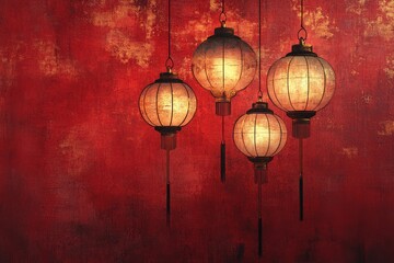 Chinese New Year background with red lanterns and golden line drawing, minimalistic design, high resolution, space for text.