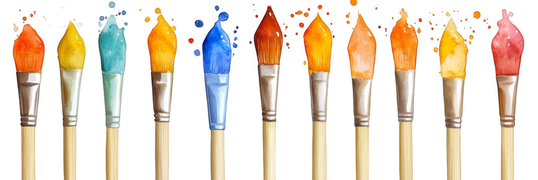Colorful paintbrushes splashes vibrant hues artistic tools transparent background