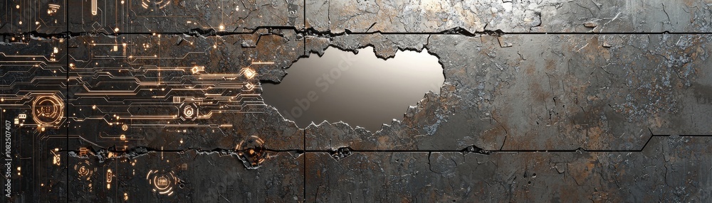 Poster exploring ai technology in image to video conversion metallic wall with smooth cracks industrial set