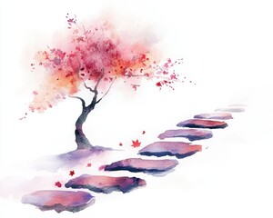 A serene watercolor of a cherry blossom tree beside stepping stones on a white background.