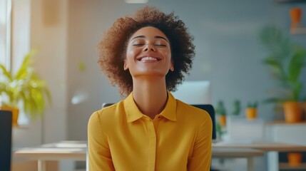 Fototapeta premium Joyful Woman Smiling in a Bright Office Environment