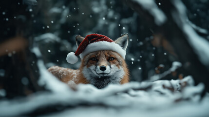 Rustic red fox wearing Santa hat in snowy forest during winter with falling snowflakes, creating a festive seasonal atmosphere