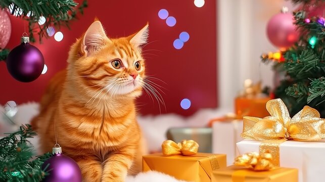 Festive Cat by Christmas Tree