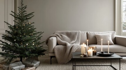 A cozy living room decorated for the holidays, featuring a Christmas tree, candles, and a warm blanket on the sofa.