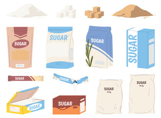 A set of different sugars. Packing sugar in boxes, packages, bags. A delicious sweet product. Sweetening of dishes and drinks. Vector illustration