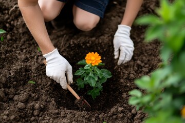 A person planting a vibrant orange flower in rich soil, showcasing the beauty of gardening and nature's connection.