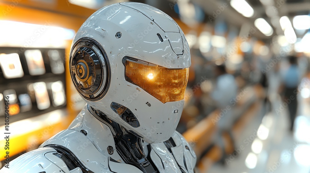 Poster an android explores new technology in a futuristic electronics store