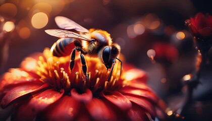 A stunning macro photo of a bee perched on a vibrant red flower, highlighting the intricate textures of its wings and body in a lush garden setting.