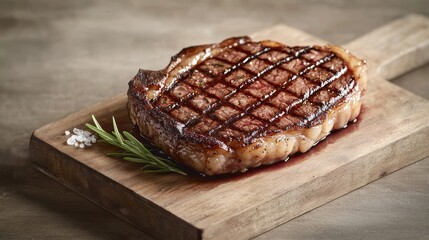 A perfectly grilled steak served on a wooden cutting board, garnished with fresh rosemary for an appetizing presentation.