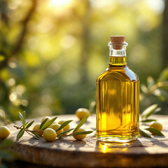 A olive oil concept prepared for mockup, with a glass of bottle on a light wooden table