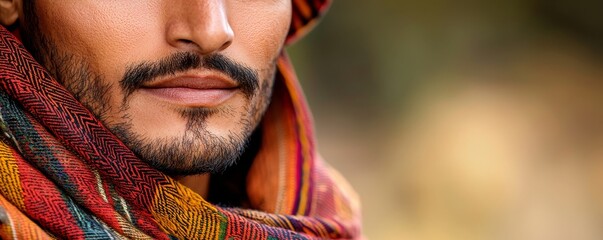Close-up portrait of a man wearing a colorful scarf, showcasing his expressive features and cultural attire in a natural setting.