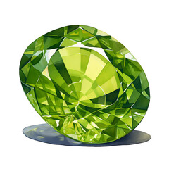 Green Cut Peridot Gem Stone isolated on a transparent background, Watercolor Illustration of a green peridot gemstone, Transparent PNG
