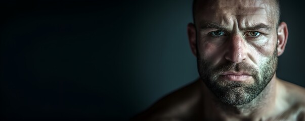 Obraz premium Close-up of very angry heavyweight fighter, focused and ready to fight, looking at camera, isolated on black background, front view