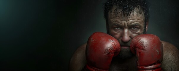 Closeup portrait of an angry vintage european boxer holding up his worn and dirty red boxing gloves to the face and looking straight in to the camera