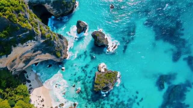 Aerial view at sea and rocks. Turquoise water background from top view. Summer seascape from air. Atuh beach, Nusa Penida, Bali, Indonesia. Travel - video See Less
By biletskiyevgeniy.com