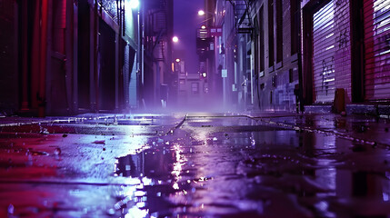 Mysterious Urban Alleyway at Night with Reflections and Fog in Neon Lights Setting the Atmosphere for a Sultry Rainy Scene
