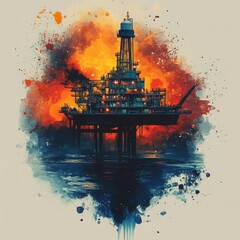 Oil Rig in the Sunset Watercolor.