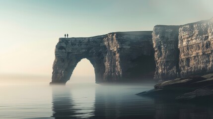 Misty Coastal Arch with People Relaxing by the Water in Early Morning Light