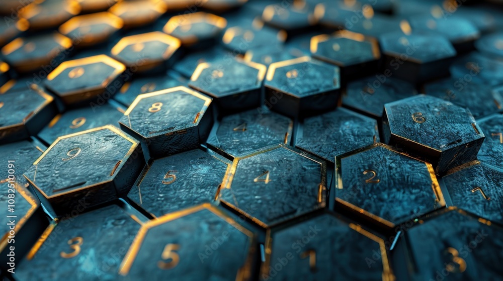 Poster abstract pattern of hexagonal shapes in blue and gold with numbers, close up.
