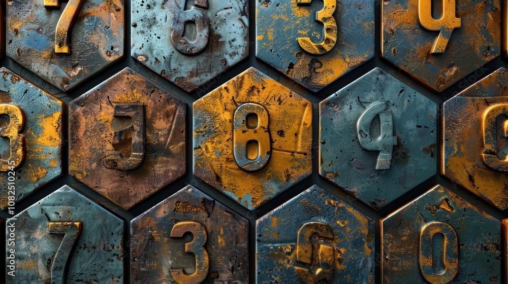 Poster rusty metal hexagonal tiles with numbers.