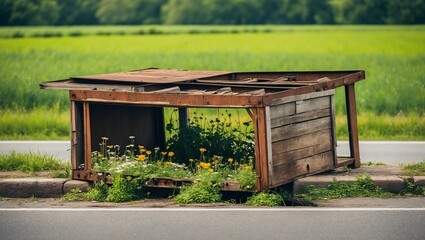 Fototapeta premium A Dilapidated Market Stall Overgrown with Wildflowers Emphasizing Nature's Resilience and Beauty in a Serene Rural Landscape