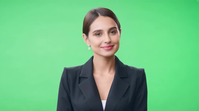 Young woman in a suit smiling at the camera on green screen background, ideal for roles like businesswoman, CEO, director, executive, manager, lawyer, politician, speaker, accountant, consultant.