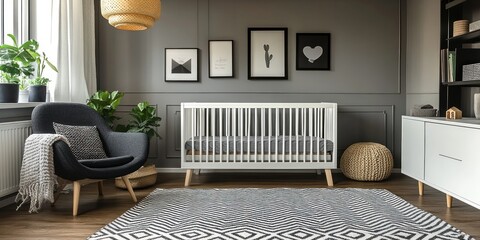 Modern nursery with a crib, armchair, rug, and a white dresser.