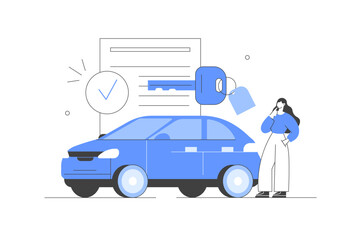 Auto insurance. Character buying or renting car and signing full coverage insurance policy. Car safety, assistance and protection concept. Flat Cartoon Vector Illustration, icon. Stylish