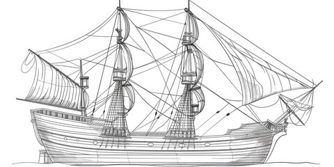 A sketch of a pirate ship sailing, isolated on a white background