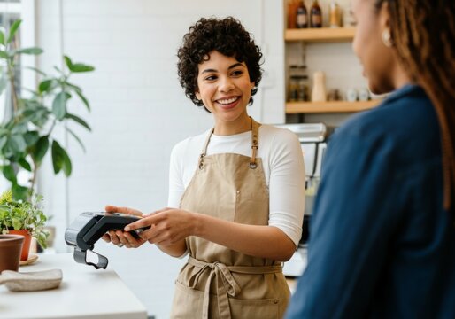 Smiling barista processes payment using card reader at cozy coffee shop