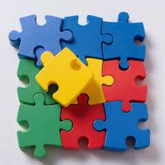 Obraz premium piezas de rompecabezas bloques de construcción en colores primarios sobre fondo blanco para armar estimulo mental, psicologia, autismo, psicopedagogia juegos, mockup 