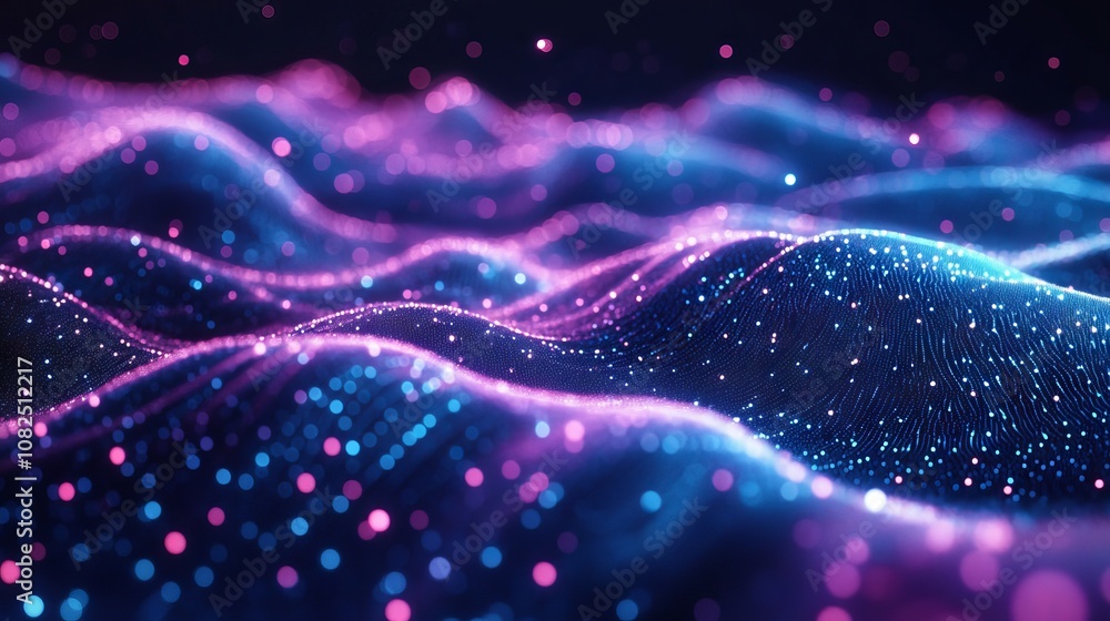Poster digital technology wave background: abstract motion of glowing dots texture with vibrant defocused p