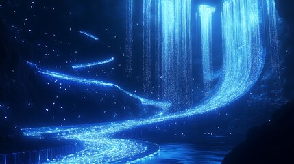 Discover the enchanting beauty of a luminescent waterfall flowing through a mysterious cave at night