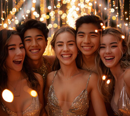 smiling friends of girls and boys at a New Year's party