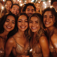 smiling friends of girls and boys at a New Year's party
