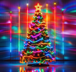 multicolor neon Christmas tree in the interior	