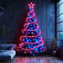 living room with blue neon christmas tree	