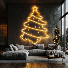living room with neon christmas tree