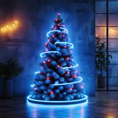 living room with blue neon christmas tree	