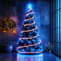 living room with blue neon christmas tree	