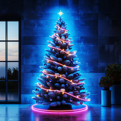 living room with blue neon christmas tree	