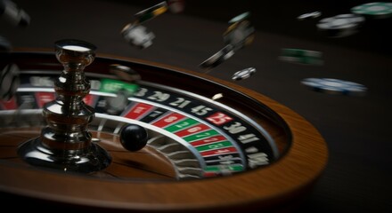 Obraz premium Spinning roulette wheel with flying casino chips in motion blur