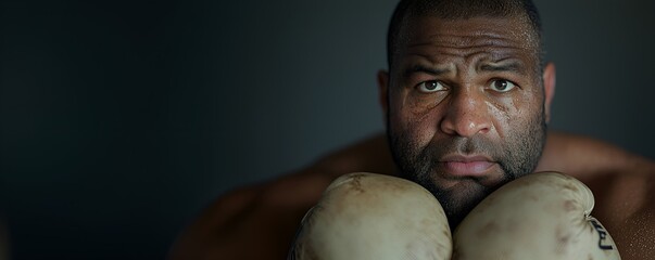 Close-up portrait of a muscular black heavyweight boxer holding up his worn white boxing gloves to the face in defense and looking straight in to the camera