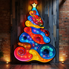 multicolor neon Christmas tree in the interior