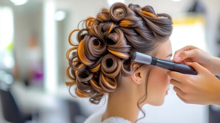 Stylist curling hair salon beauty photography modern environment close-up view hair styling techniques