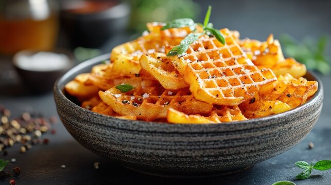 Golden Delicious Waffle Fries Served in a Rustic Bowl