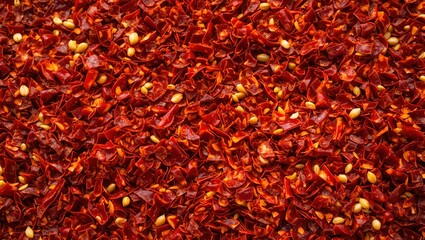 Closeup Image of Crushed Chili Flakes Showing Textural Details, Vibrant Red Color, and Natural Elements Perfect for Culinary or Spice-Themed Projects