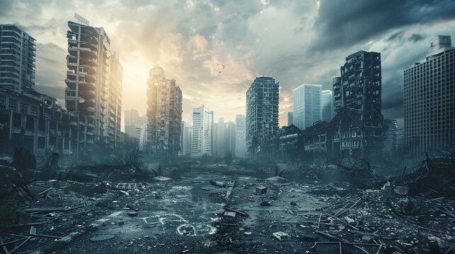 Futuristic dystopian cityscape with abandoned and crumbling skyscrapers debris and pollution filled skies after a catastrophic disaster or climate crisis  The scene evokes a post apocalyptic